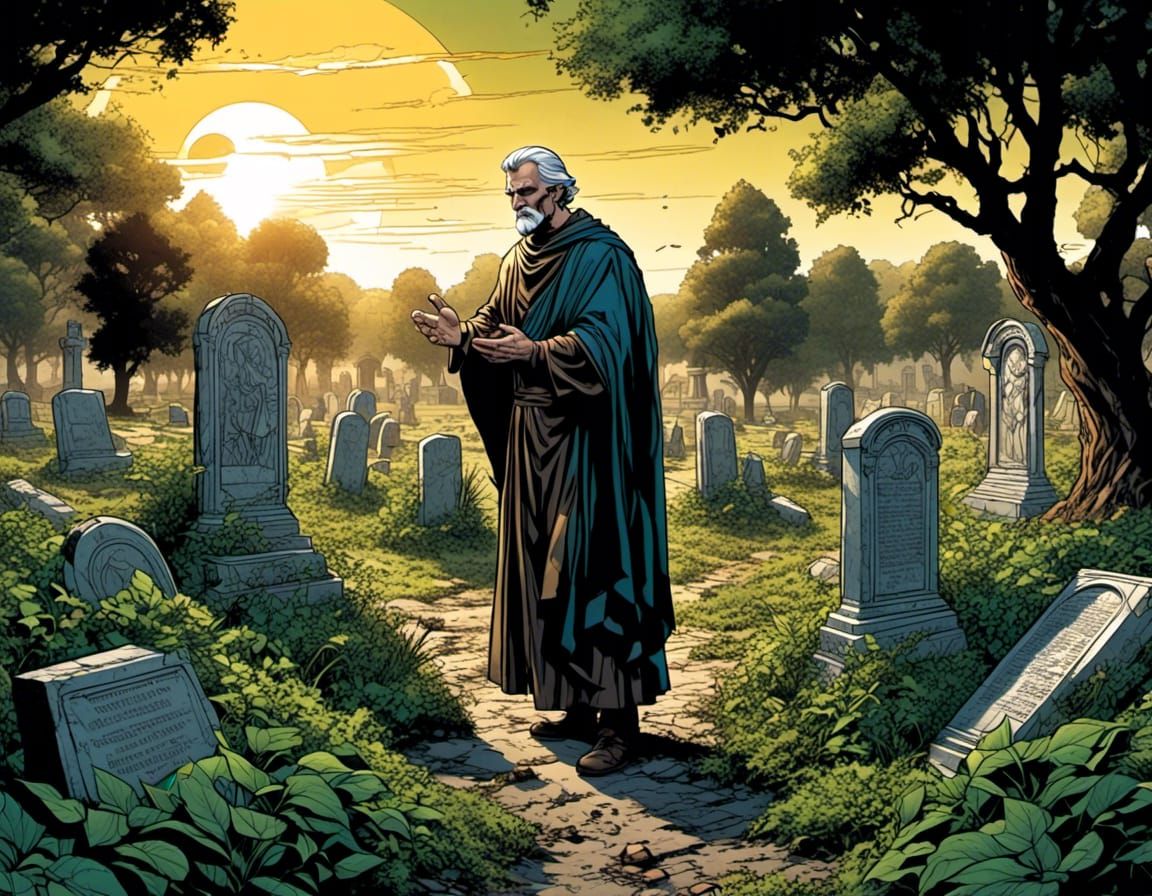 Father McKenzie Departs Grave in Comic Book Art