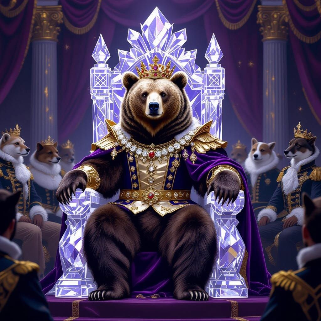 Regal Grizzly Bear on Crystal Throne in Royal Court