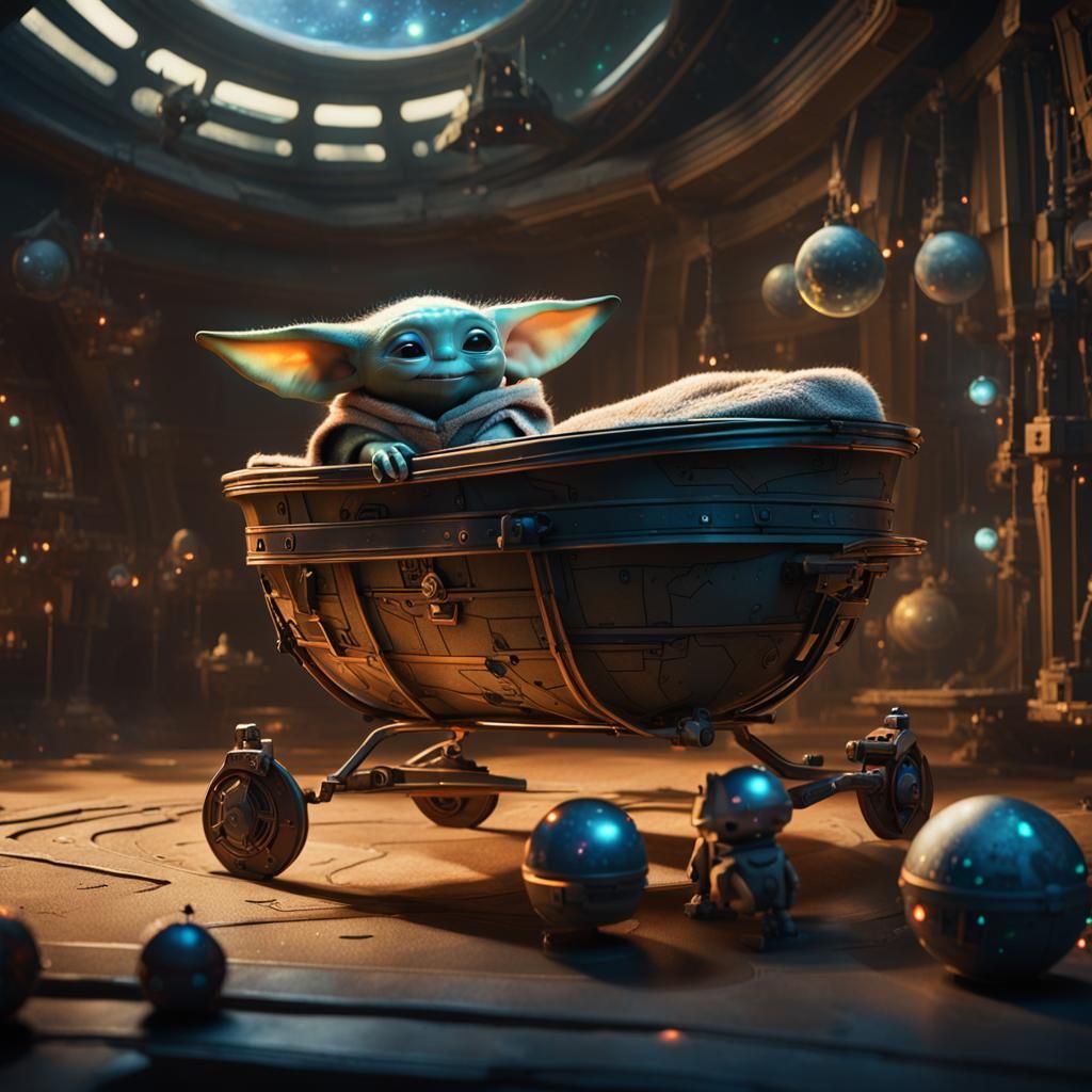 Baby Yoda in his bassinet in a space observatory