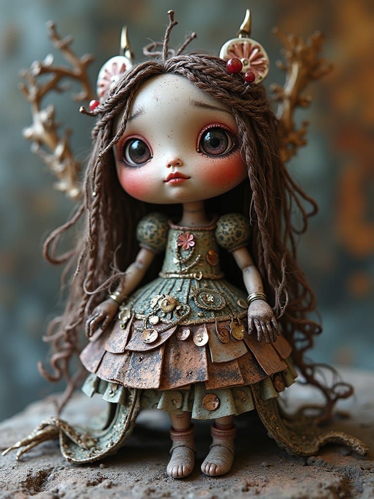 Found-object sculpture of a doll