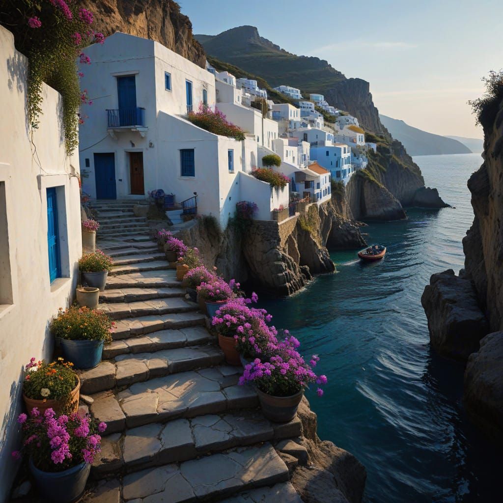 Greek Village Perched on Volcanic Cliffs