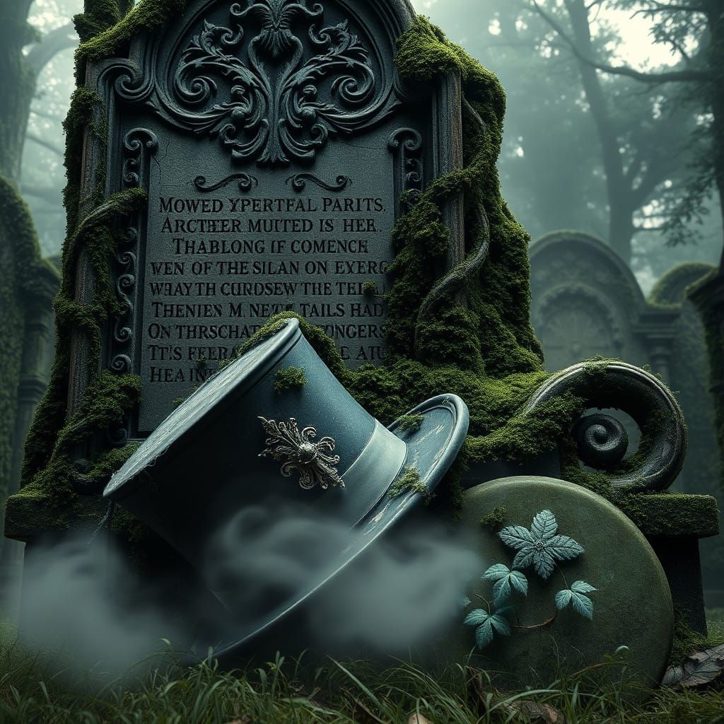 Forgotten Top Hat on Ancient Tombstone in Eerie, Overgrown G...