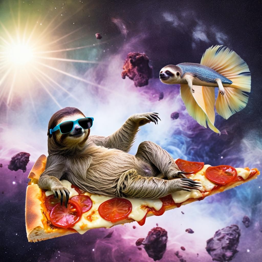Sloth Surfs Pizza in Space with Betta Fish