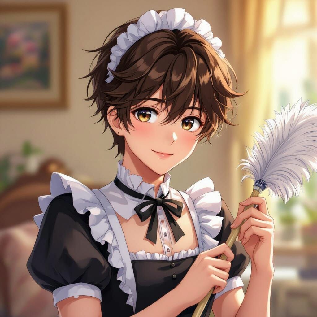 Anime Style Maid Dress Character with Feather Duster