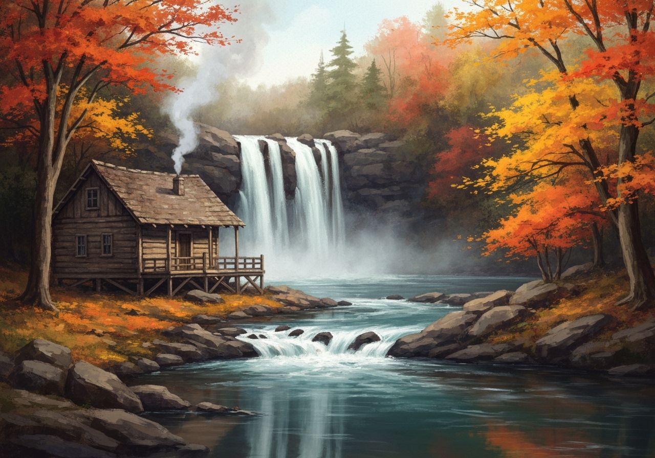 Autumn Cabin Beside Cascading Waterfall