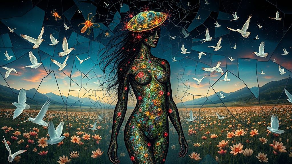 Surreal Bio-Art Collage: Woman as Interconnected Ecosystem