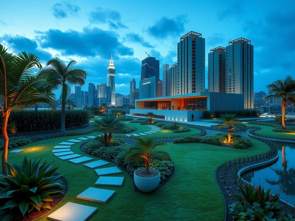 Coastal Urban Garden at Dusk: A Digital Matte Painting