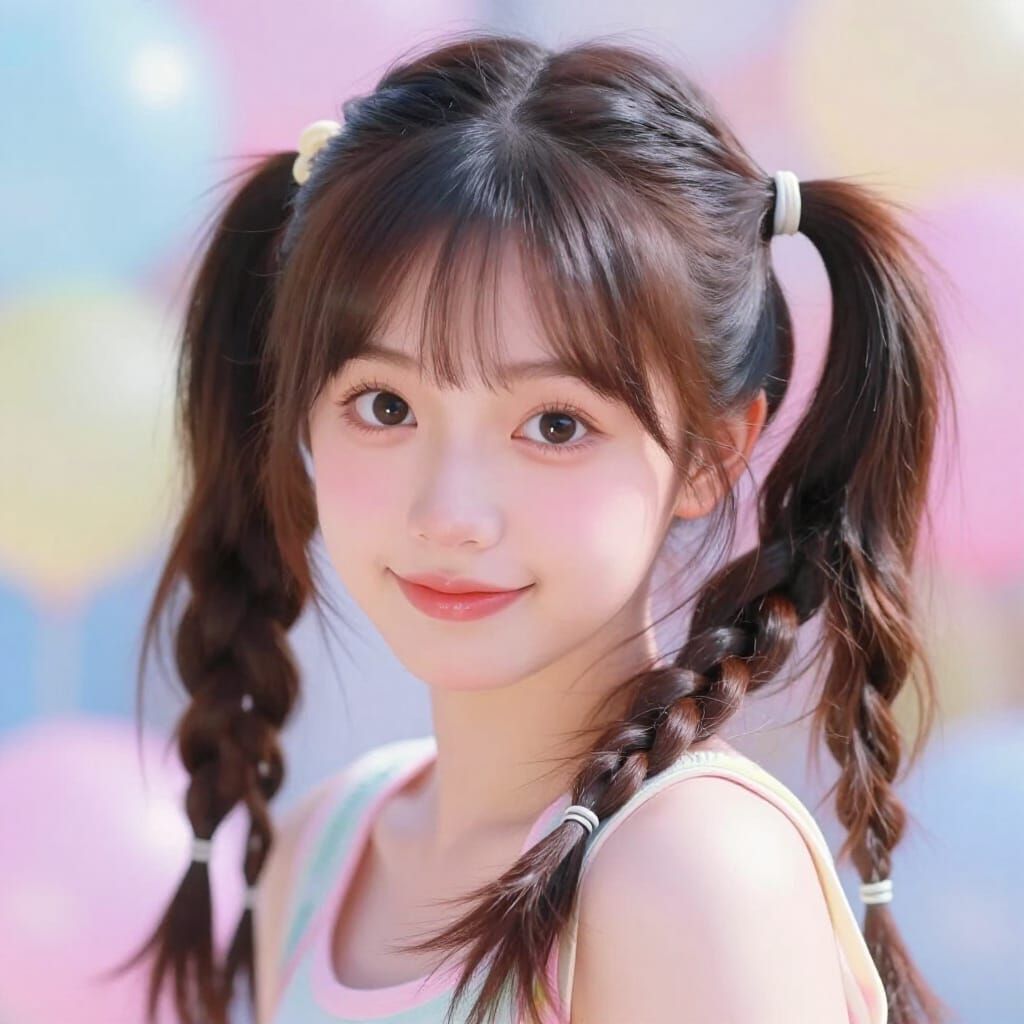 Young Woman with Playful Ponytail and Braided Pigtails