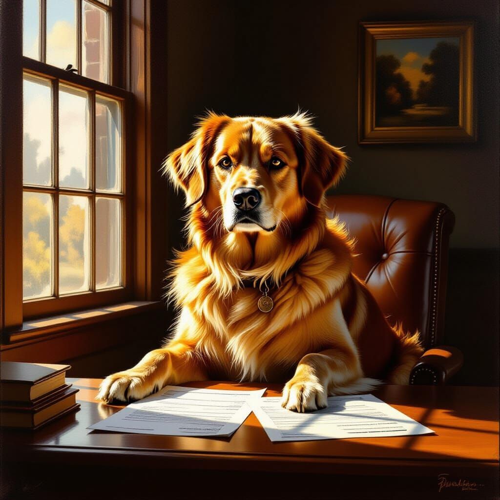 Dog Applies for Loan in Realistic Oil Painting Style