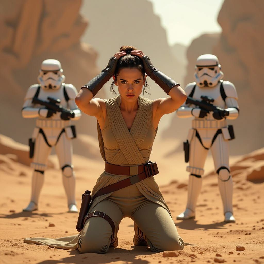 Rey Skywalker Surrenders to Stormtroopers on Desolate Planet