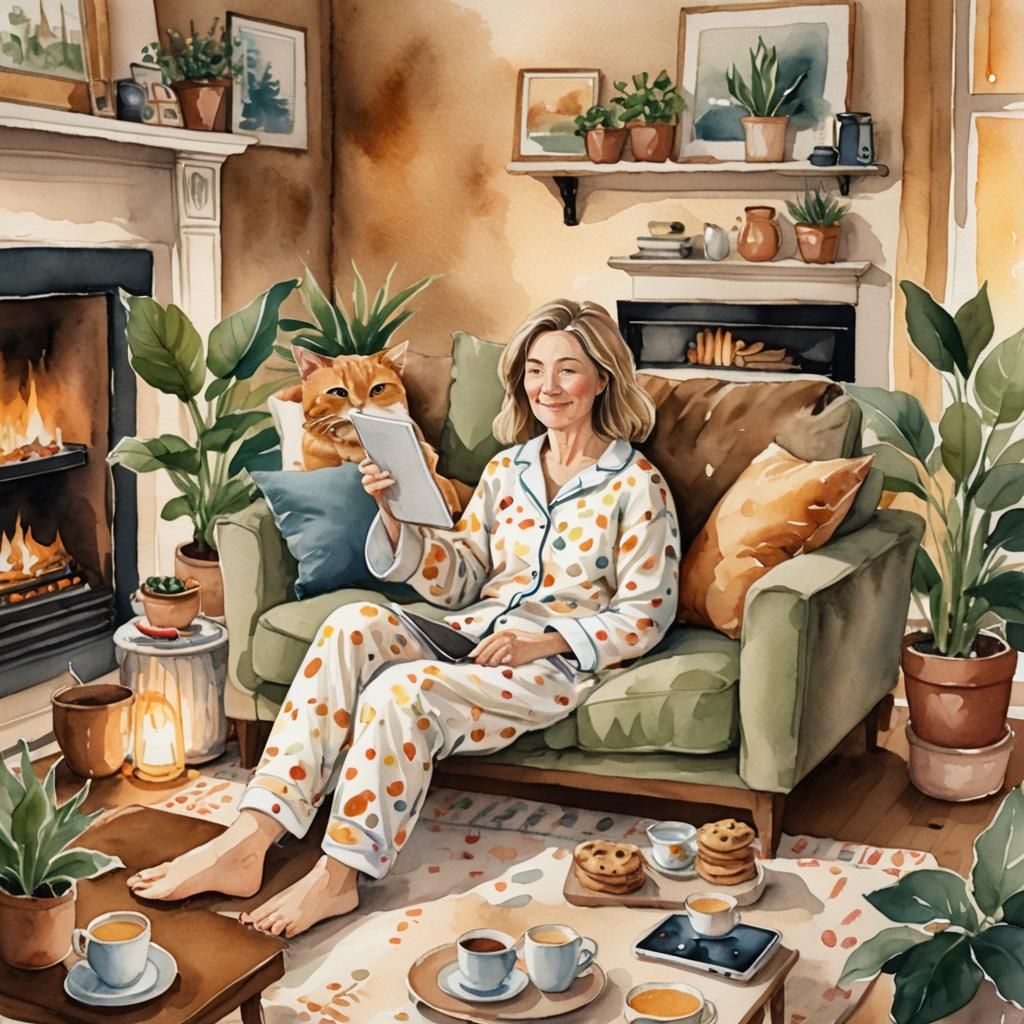 Cozy Watercolor Portrait of Woman with Cats