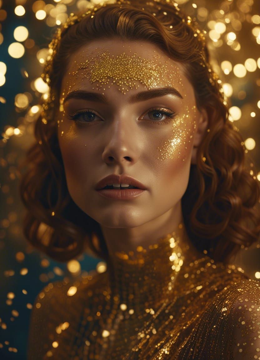 Golden Glitter Portrait in Art Nouveau Style