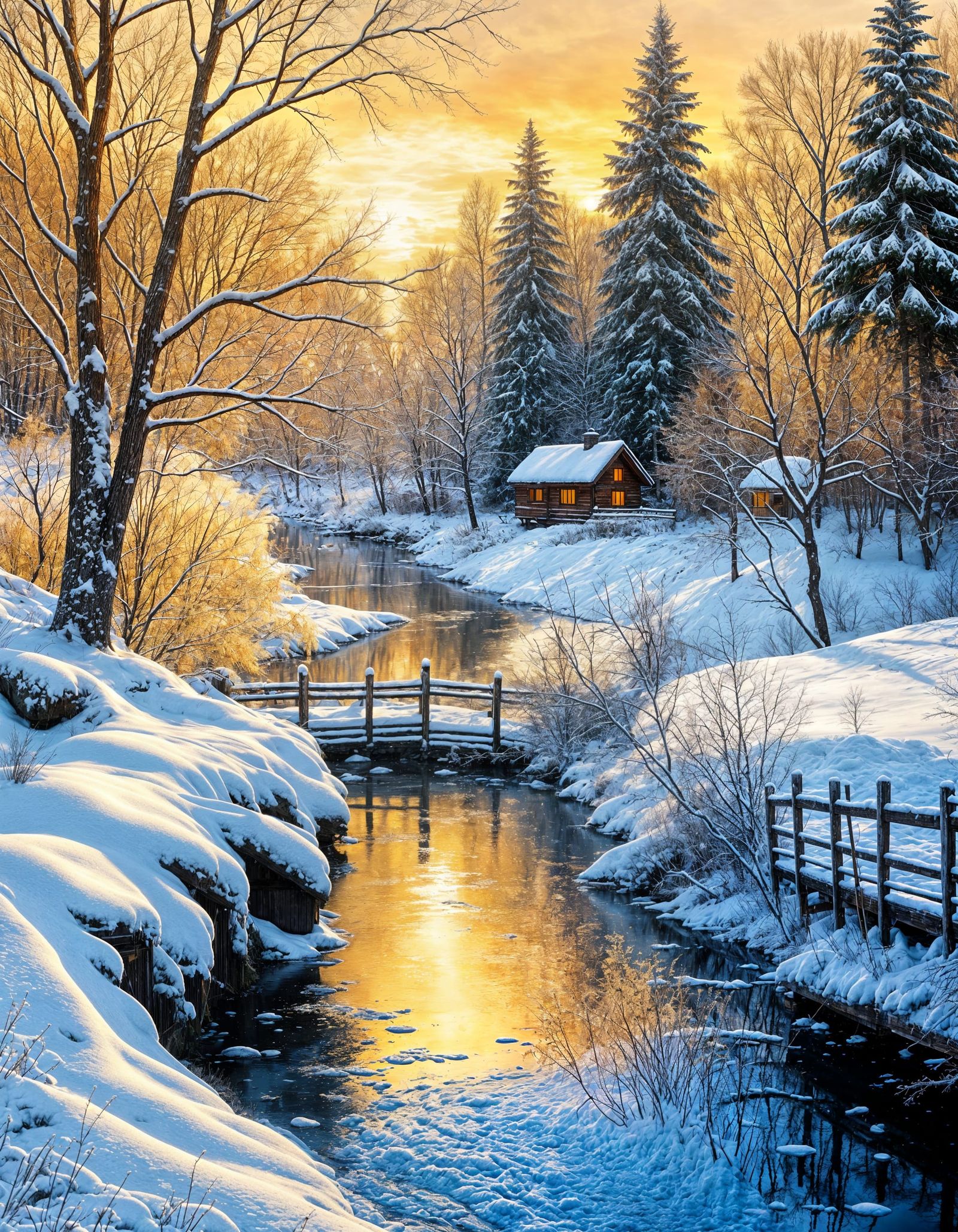 Peaceful Winter Sunset Landscape Painting with Cozy Cottage