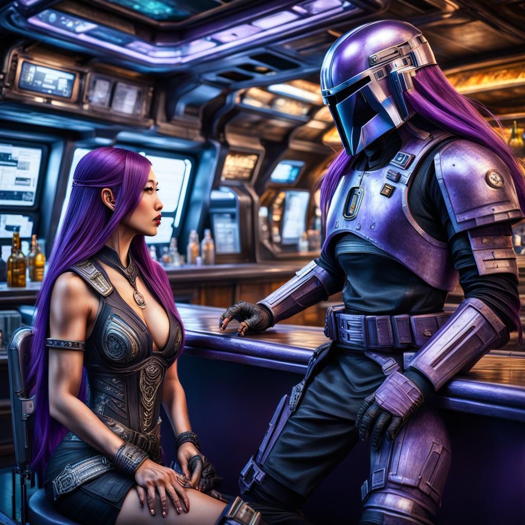 Asian Woman with Purple Hair Talking to Bounty Hunter