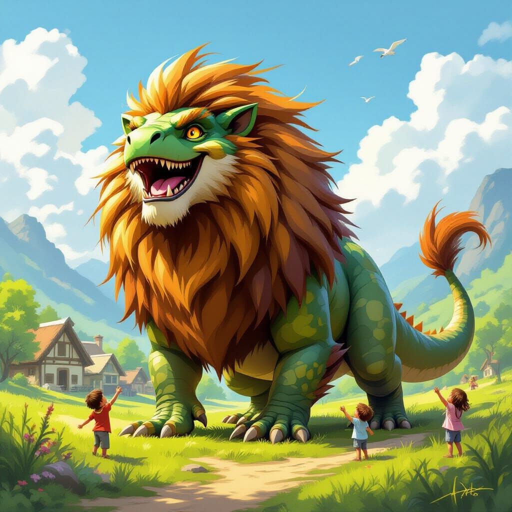 Kind Dinosaur-Lion Plays with Children in Lush Field