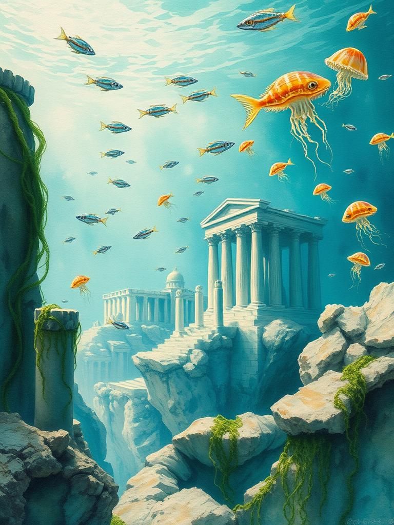 Ethereal Atlantis Undersea Scape as Impressionist Watercolor