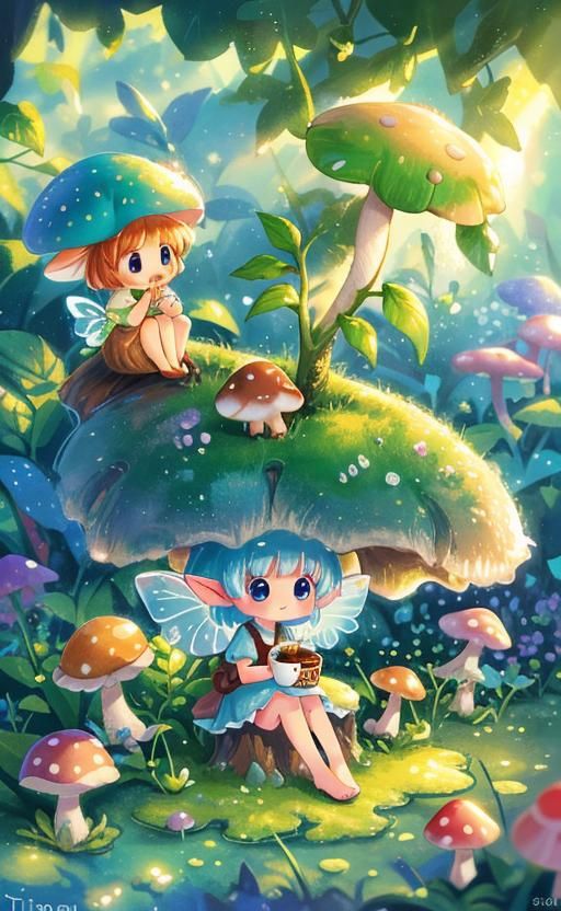 Mushroom Fairy Coffee Break in Macro