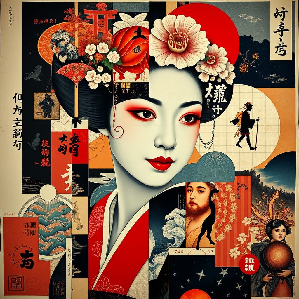 Ukiyo-e Style Geisha Collage in Triadic Colors
