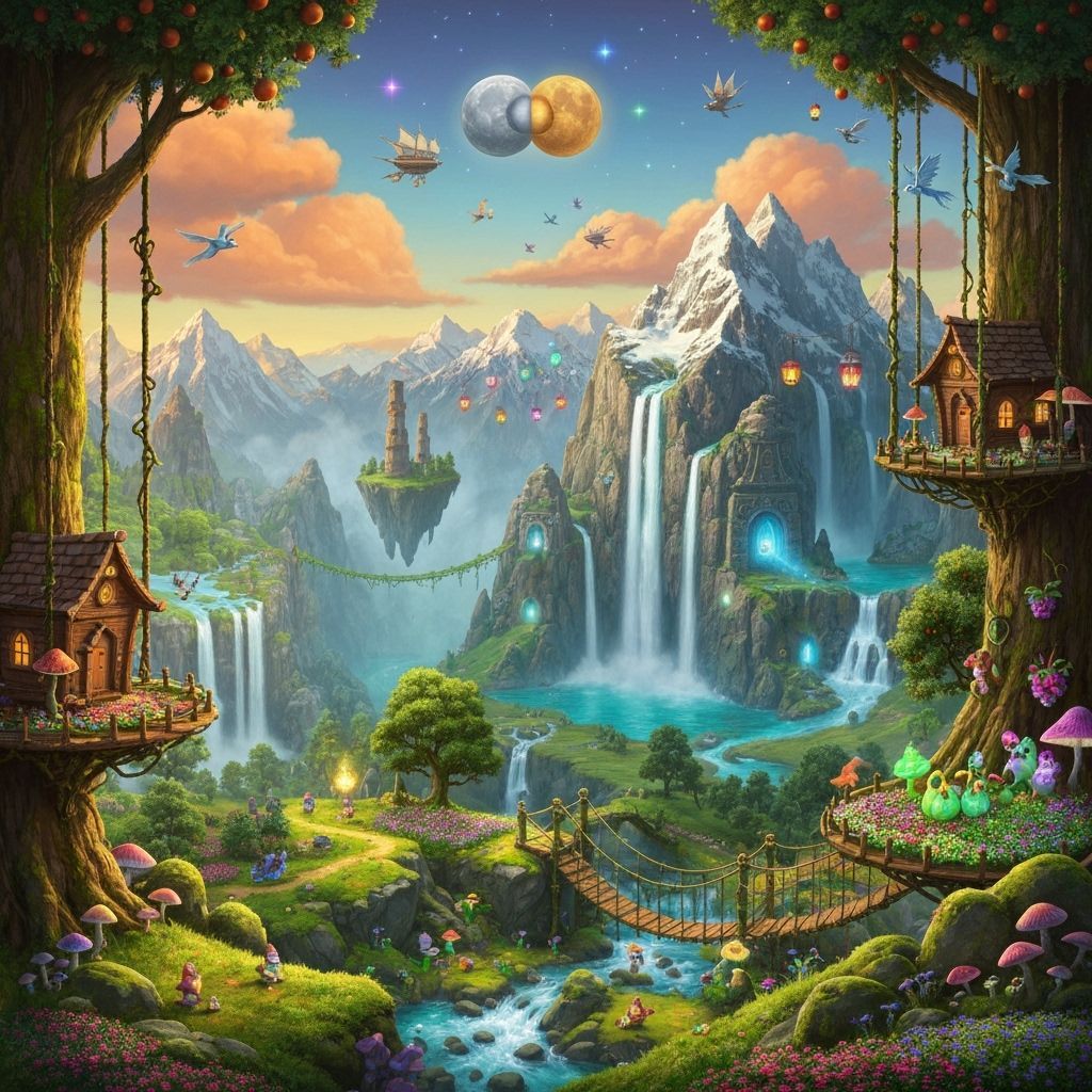 Expansive Fantasy Landscape with Luminous Flora and Floating...