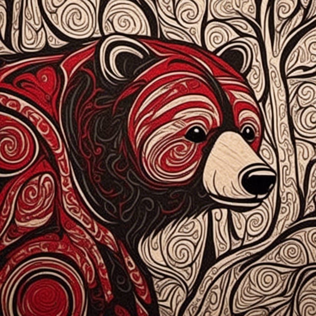 <lora:HaidaStyle:1.0> Haida style picture of a bear in red, black and white