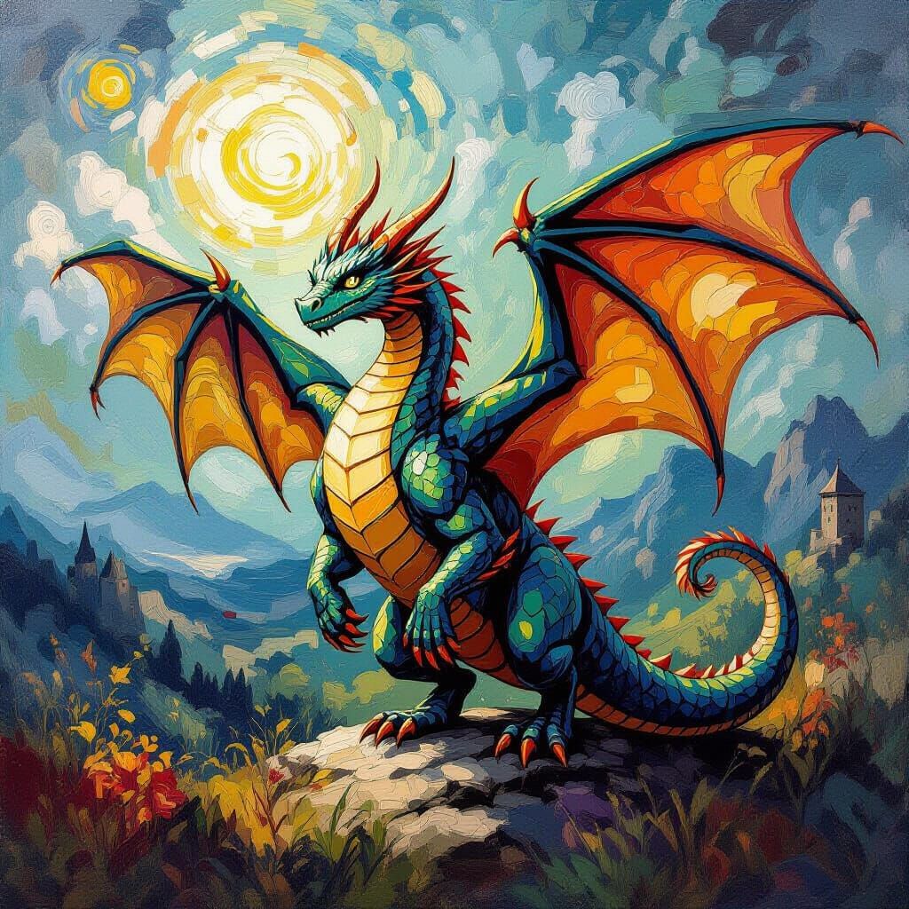 Majestic Dragon in a Van Gogh-Inspired Fantasy Landscape