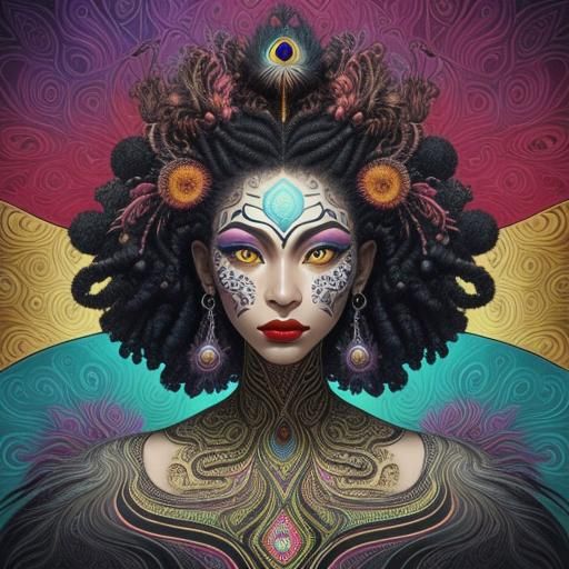 Abstract Fractal Portrait of Woman with Peacock Hair