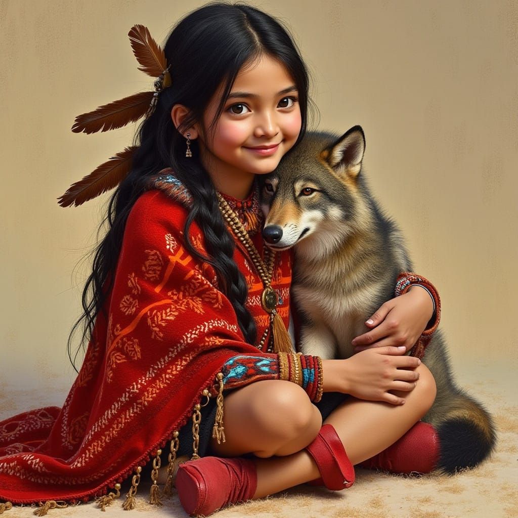 Native American Girl Kneels with Gentle Baby Wolf by Her Sid...
