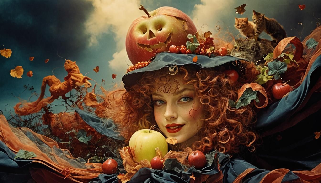 Whimsical Witch with Cat and Apple, High-Fashion Style