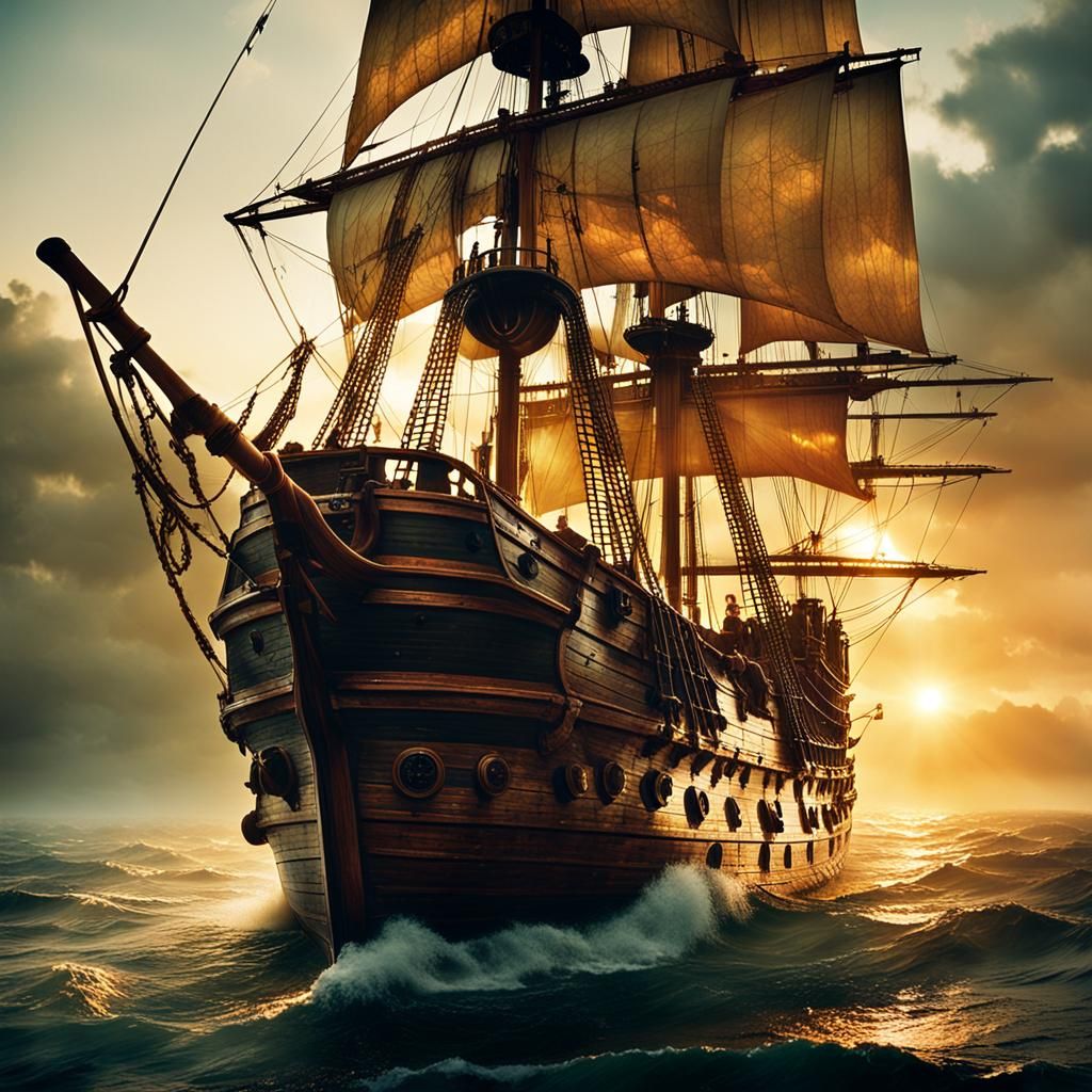 Pirate Ship at Sunset: A Cinematic Film Still