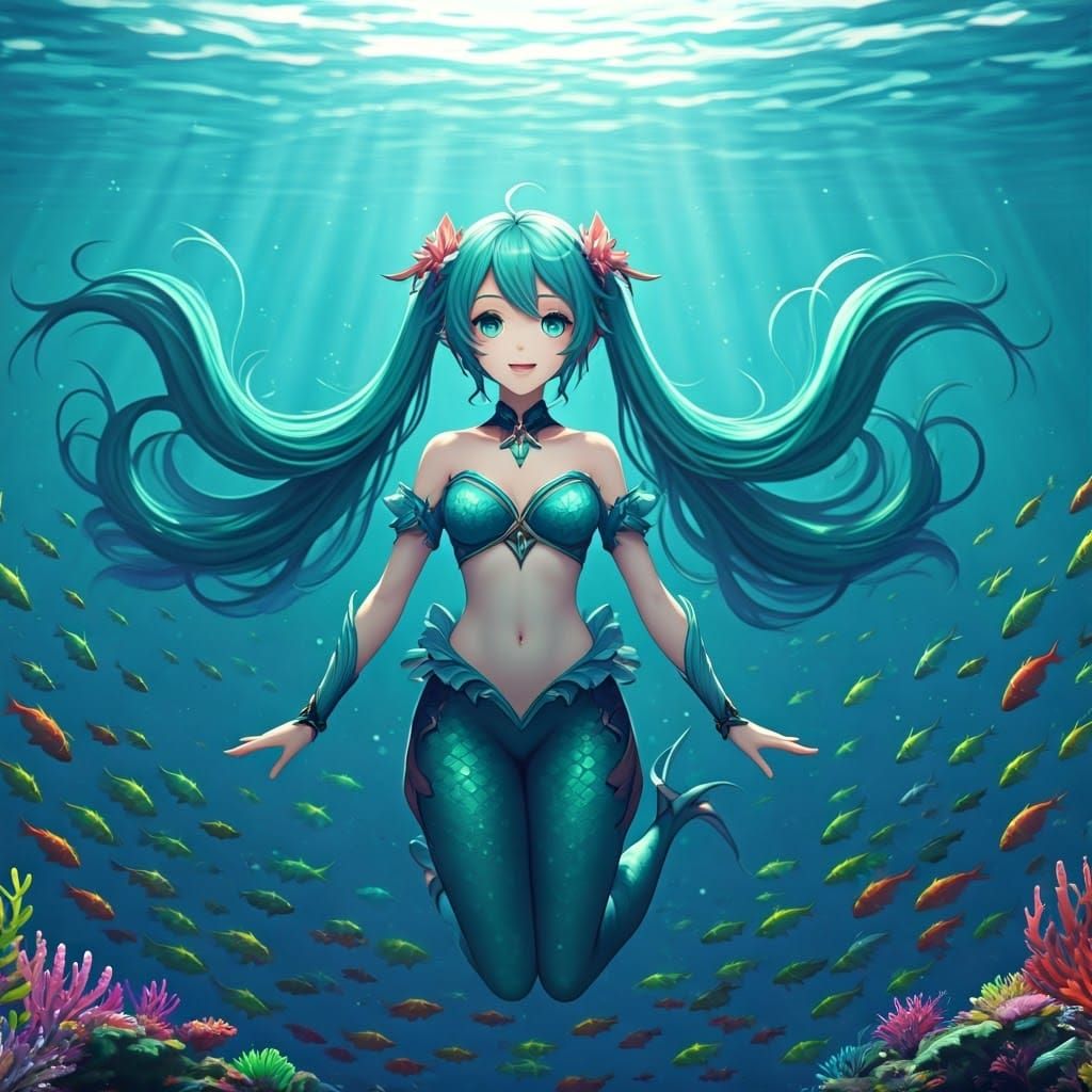 Vibrant Anime Naiad in Turquoise Sea, Inspired by WLOP and G...
