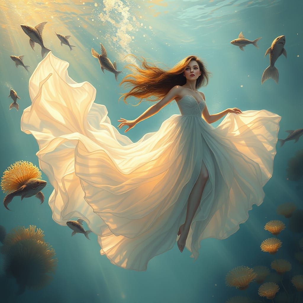 Serenely Floating Mermaid in Whimsical Aquatic Wonderland