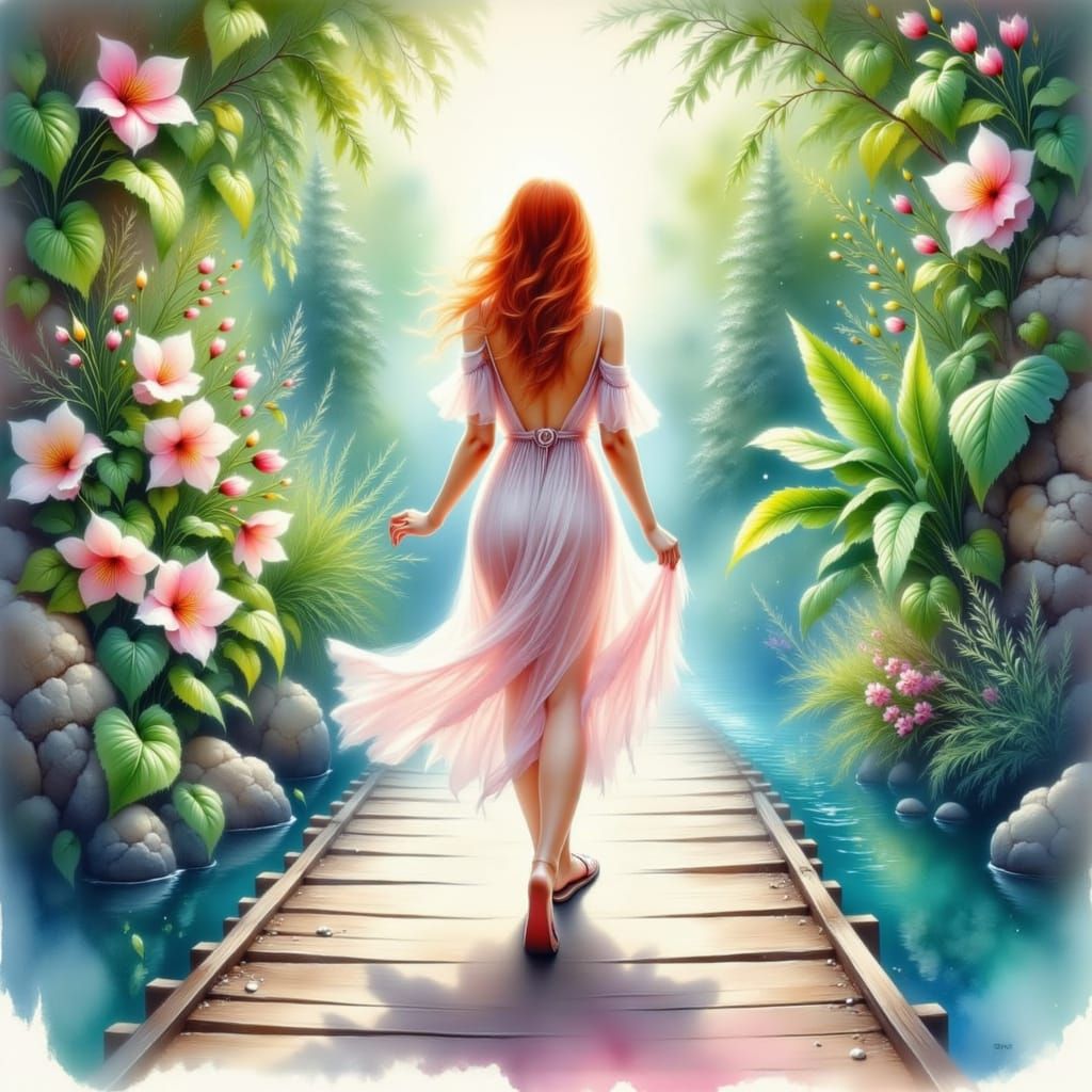 Woman on Tropical Boardwalk in Watercolor Style