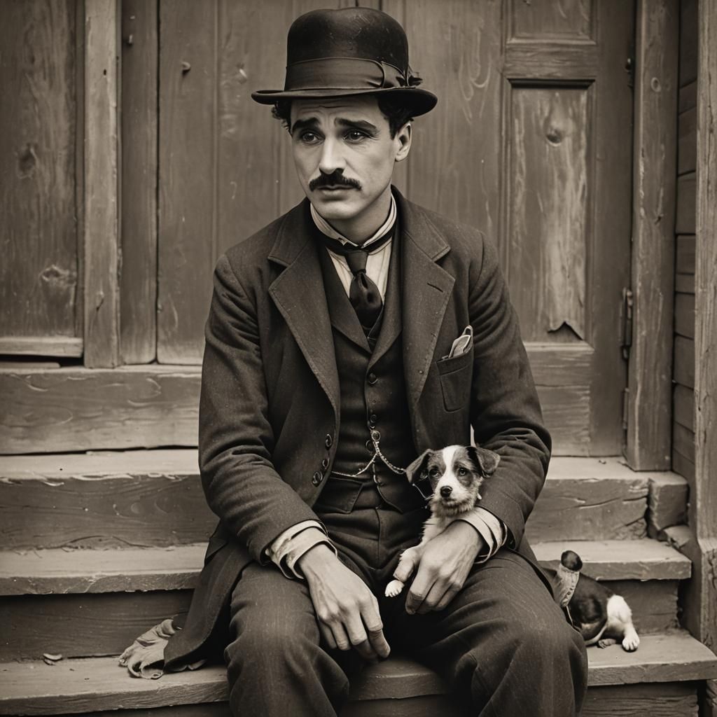 "A Dog's Life" (1918) Charlie Chaplin sitting on steps with a dog