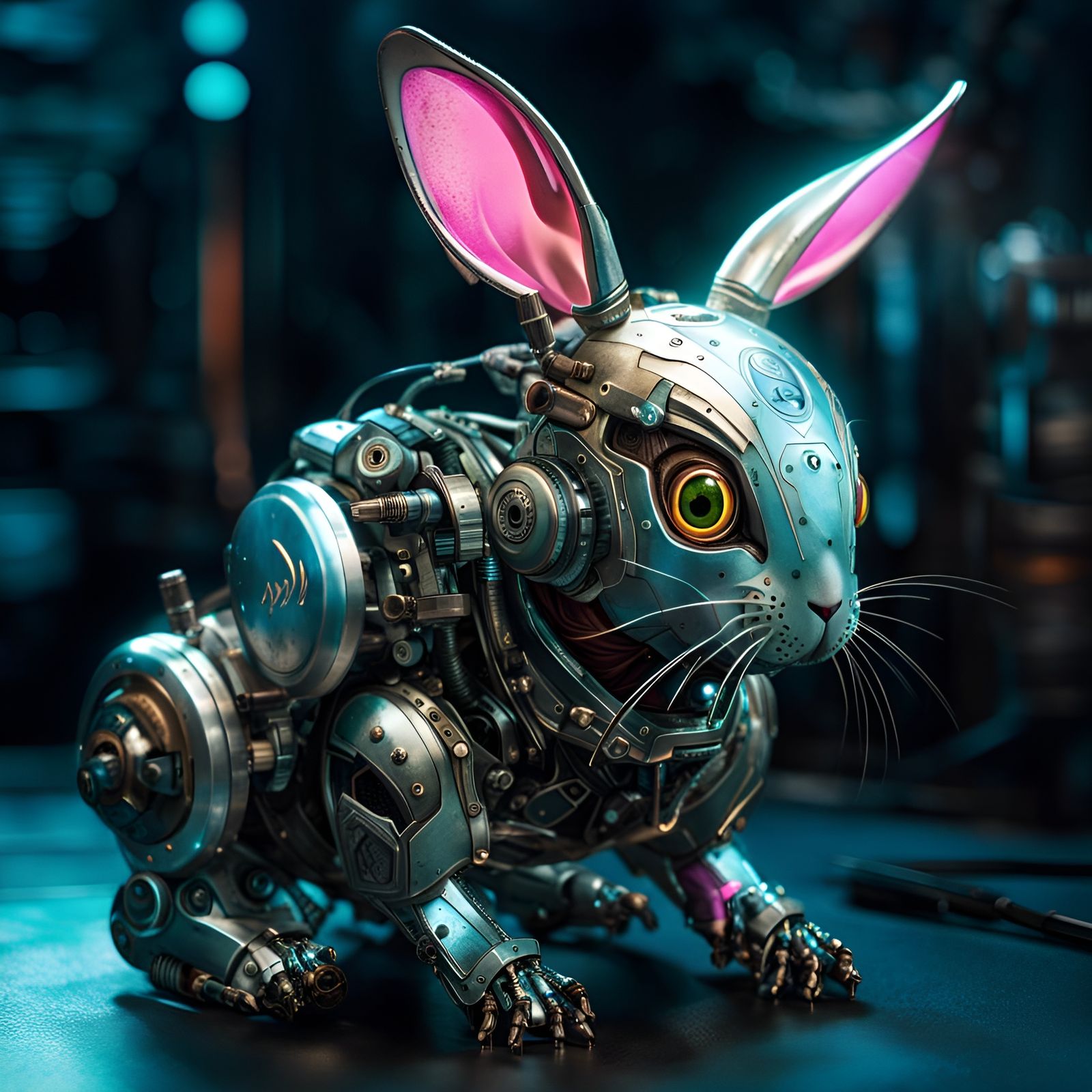 Cyberpunk Robot Rabbit in Ethereal Setting