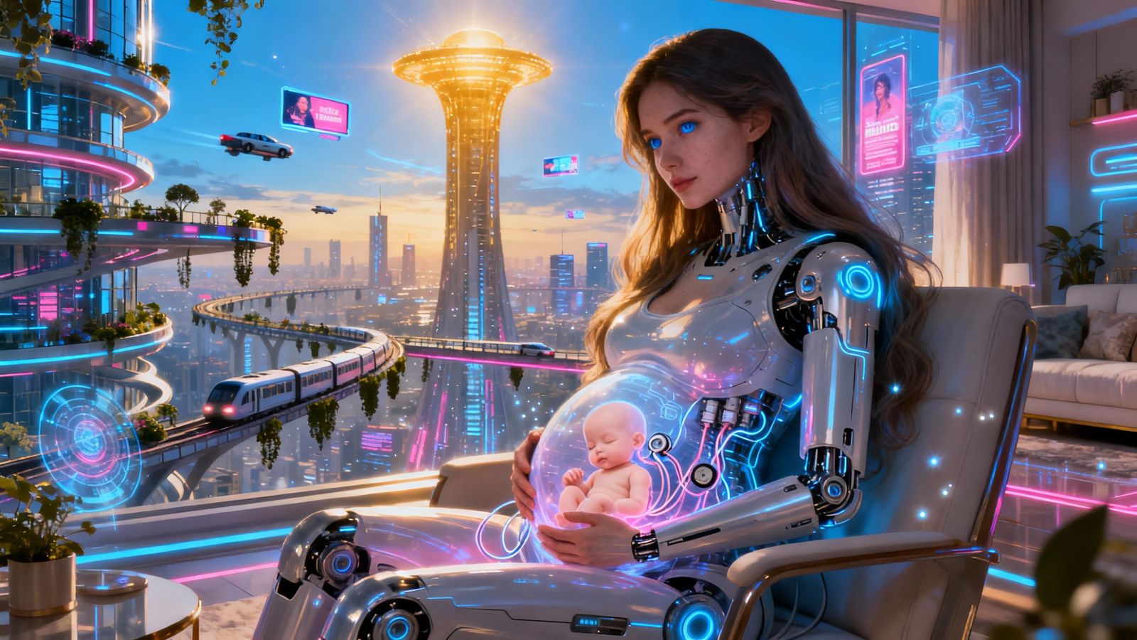 Pregnant Android Woman in Futuristic Neon City