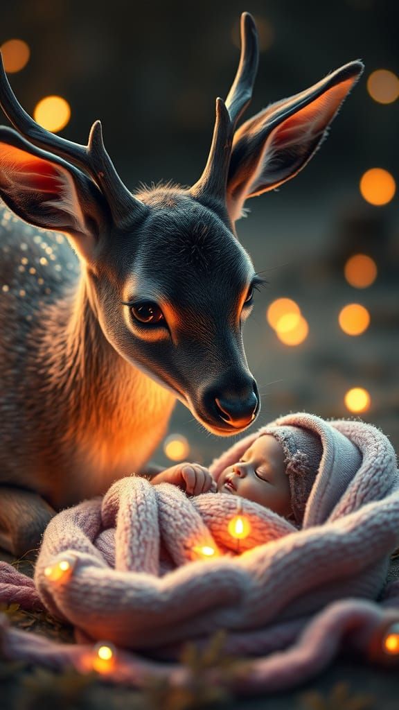 Majestic Deer Finds Baby in Glowing Lights