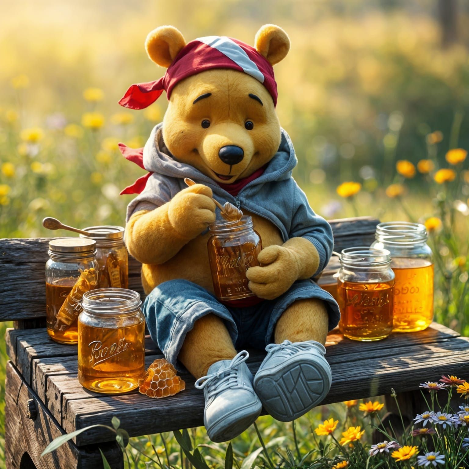 Surreal Winnie the Pooh Sits on a Bench Eating Honey in a Hy...