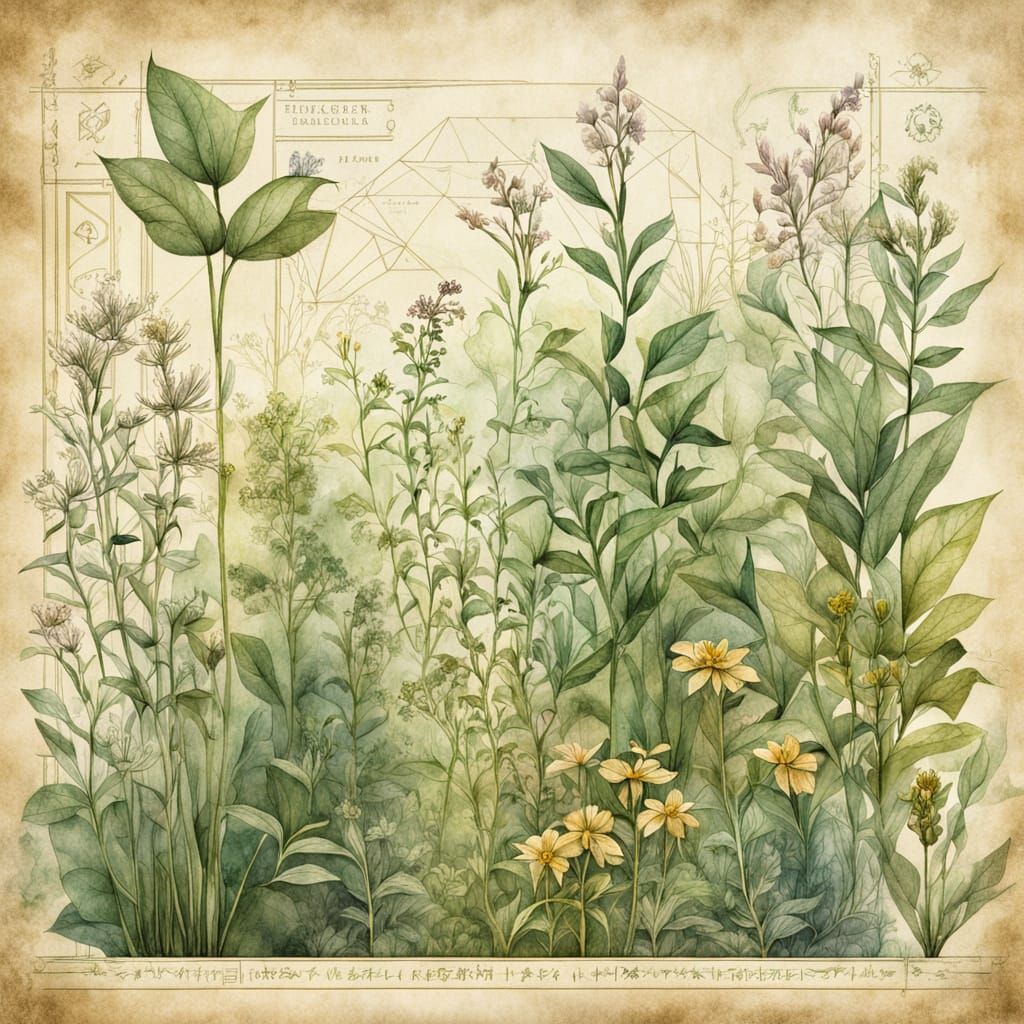 Vintage Botanical Garden Illustration in Pencil and Watercol...