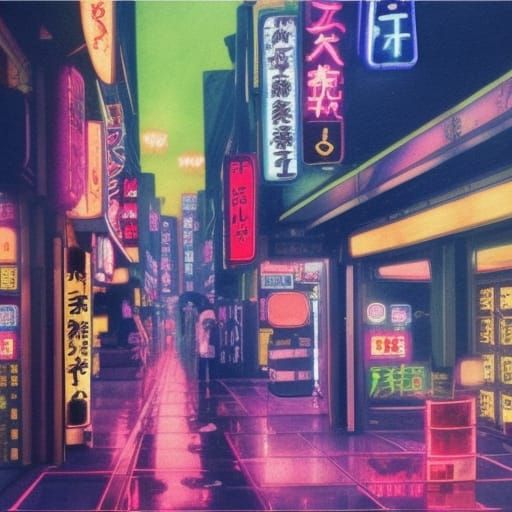 Neon Samurai in Cyberpunk Japanese Watercolor Landscape