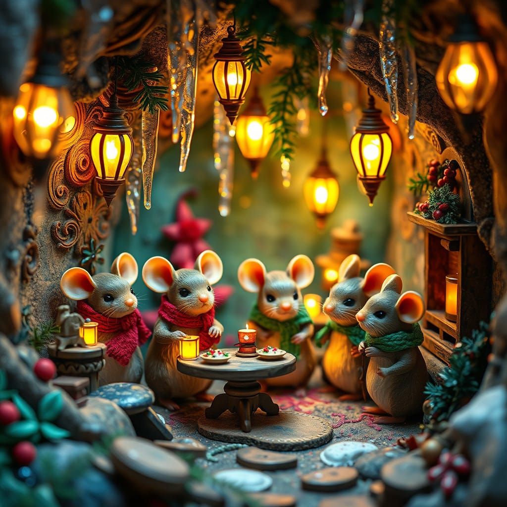 Whimsical Mice Family Christmas Decoration Scene