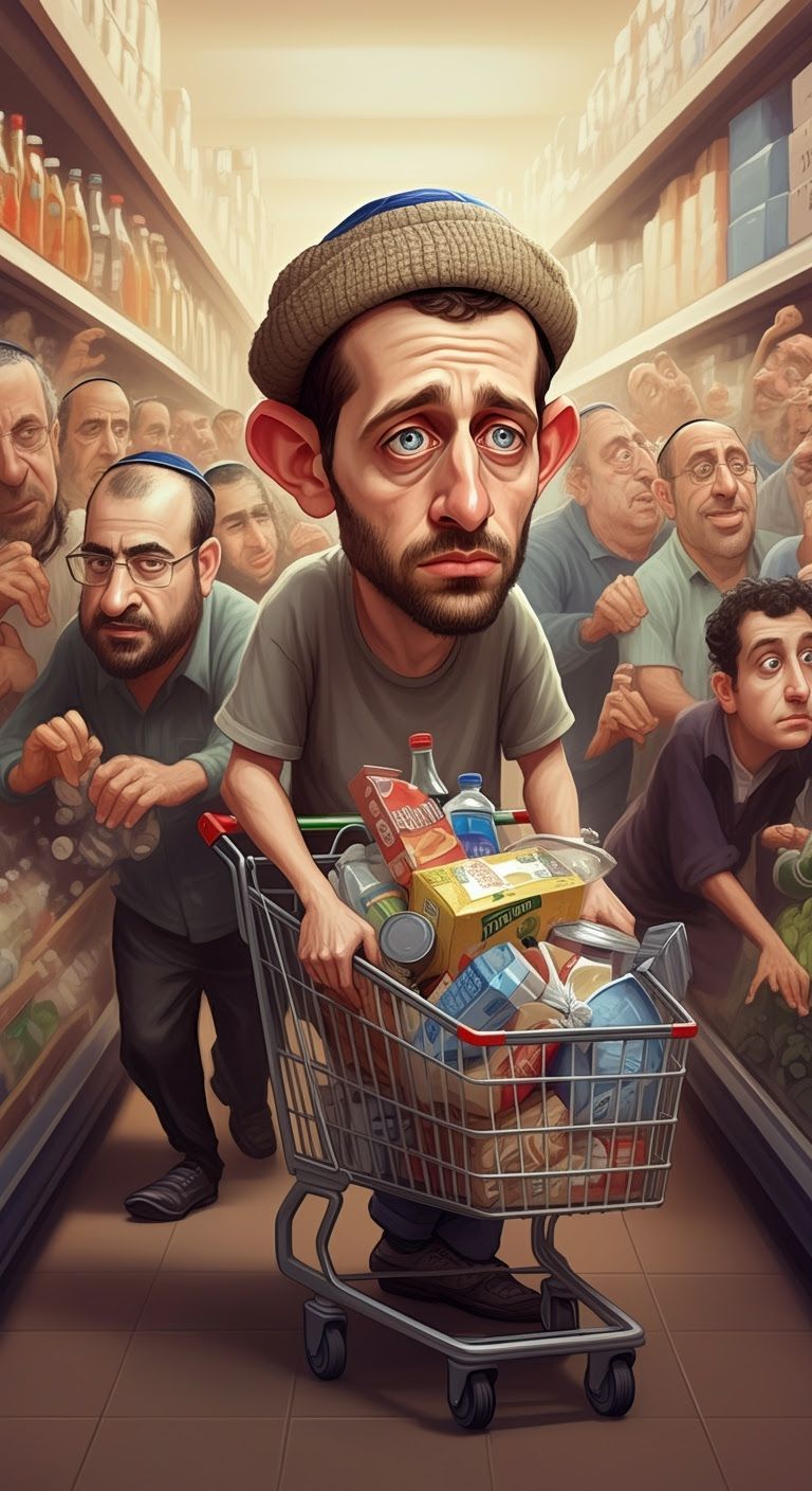 Tired Zionist Man in Chaotic Supermarket - Caricature Art