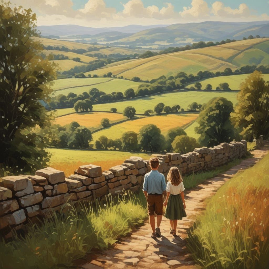 Siblings Standing Before a Rolling Countryside in Impression...