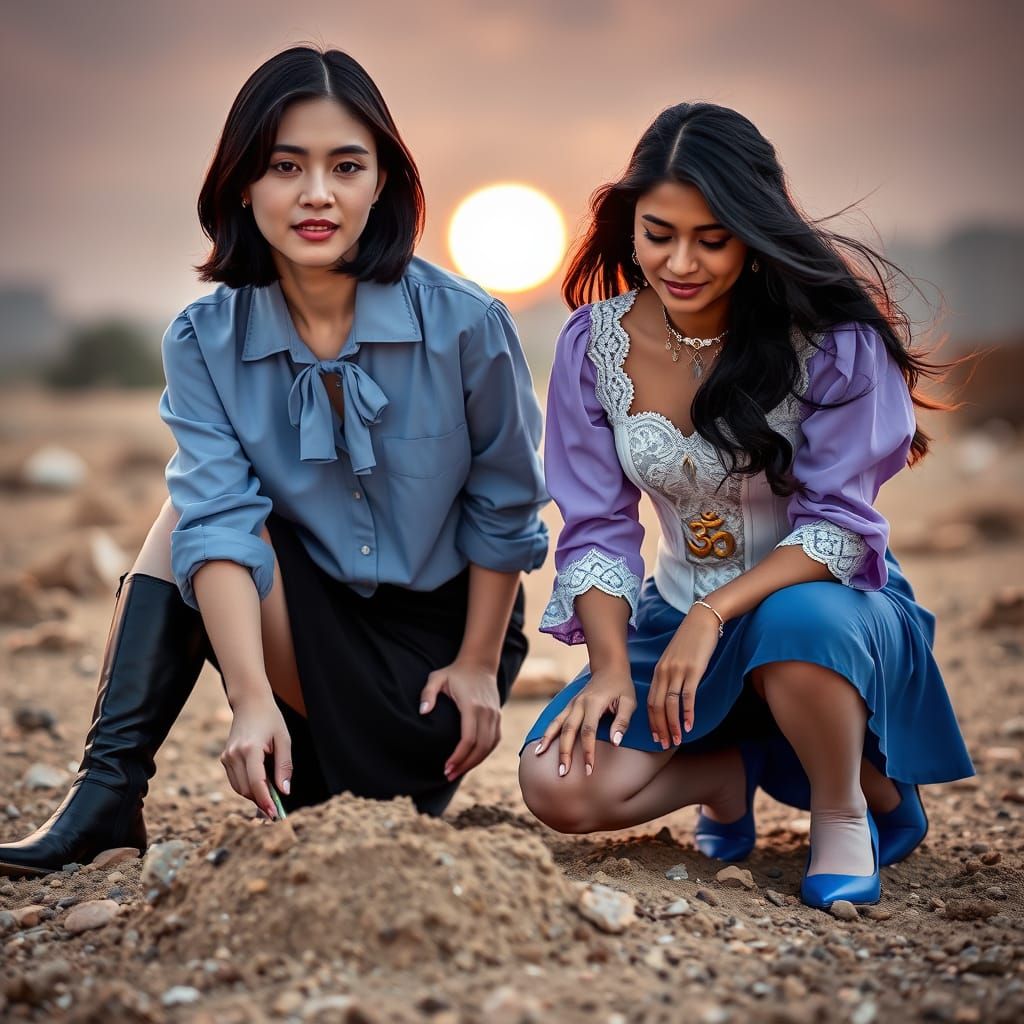 Authors Discovering Artifacts at Sunset in Golden Light