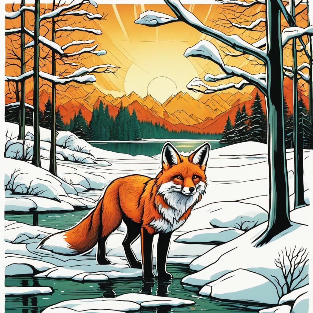 Majestic Red Fox in Winter Wonderland Comic Book Style