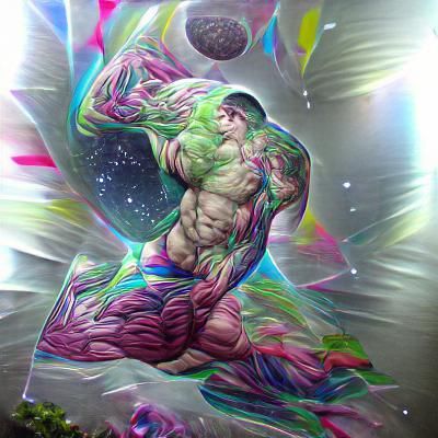 Muscular Bodybuilder with Cosmic Astral Illustration