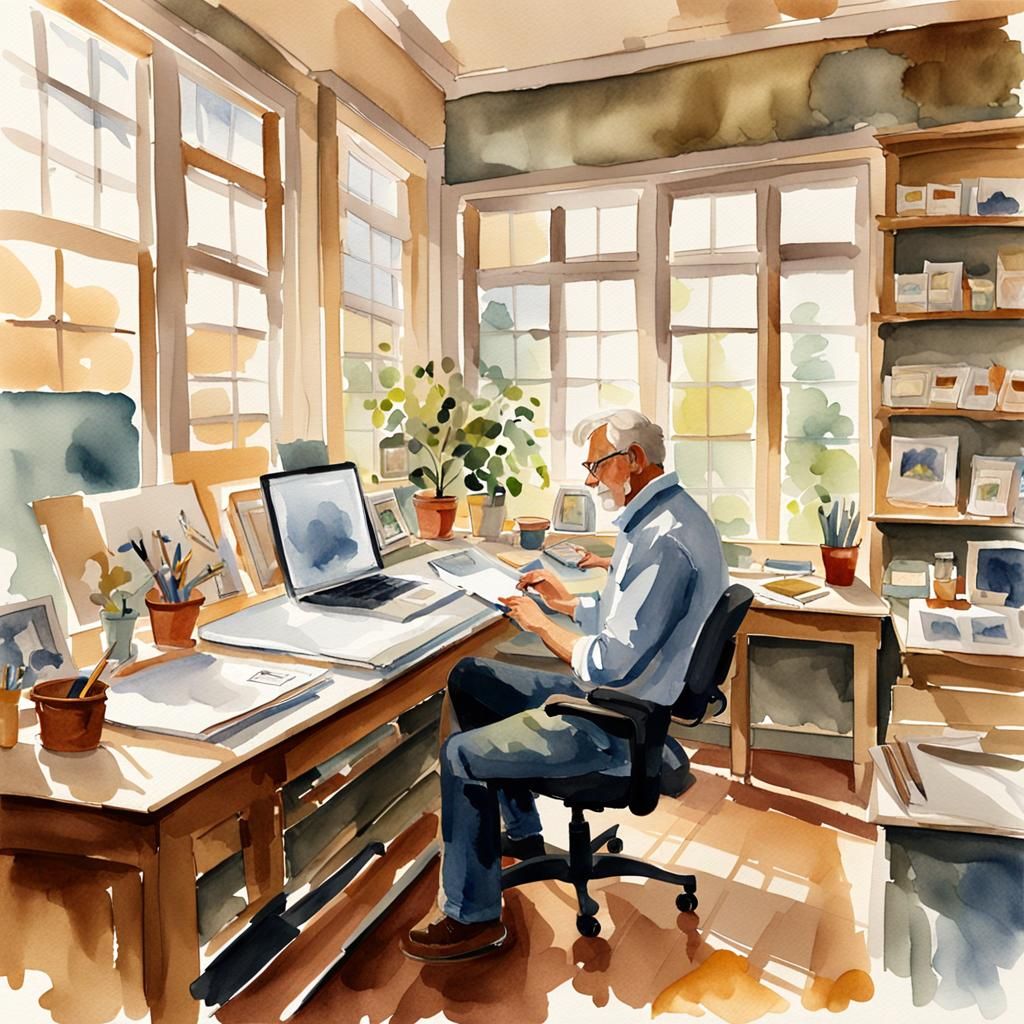 Watercolor Artist's Cozy Studio with Soft Brushstrokes and E...