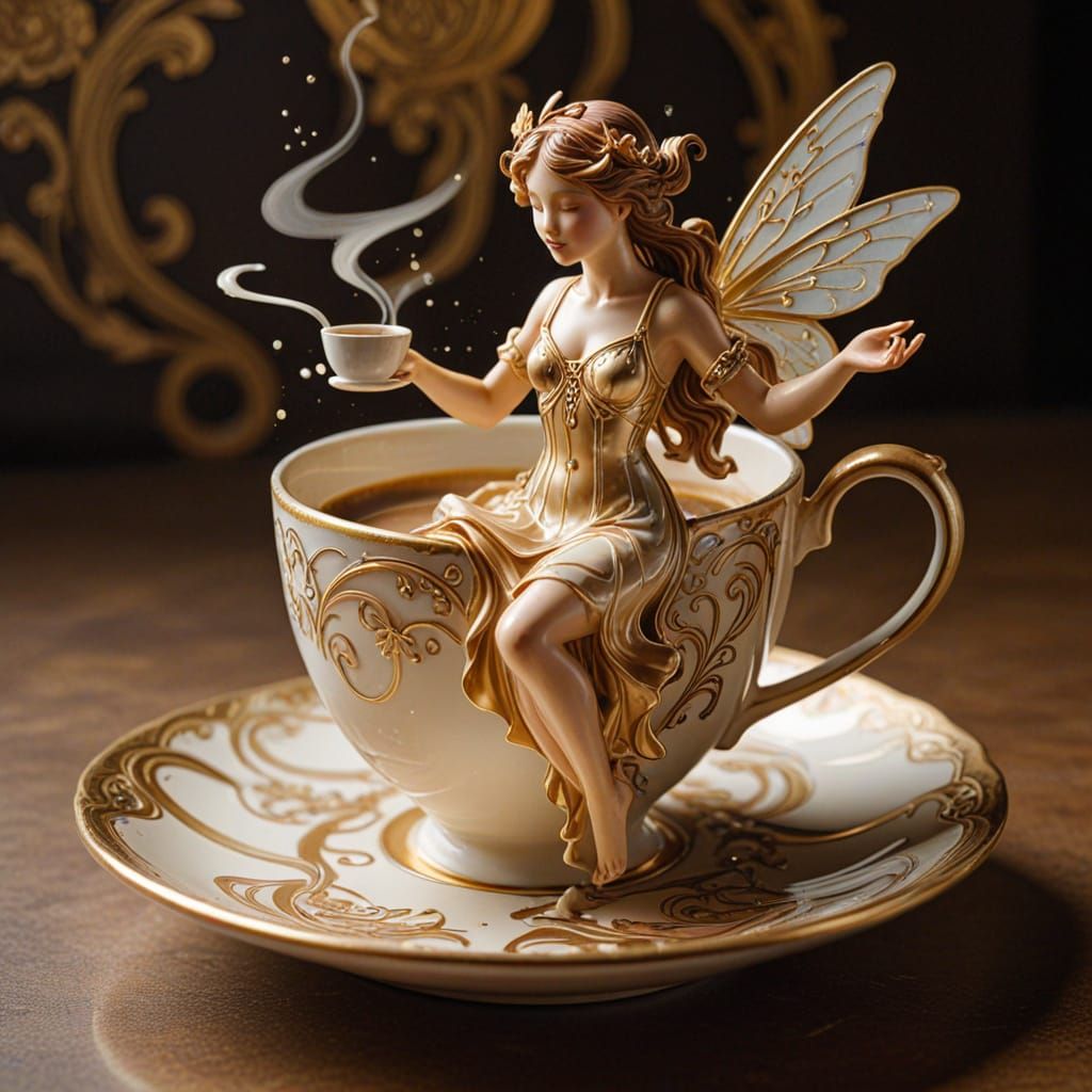 Art Nouveau Coffee Cup with Dancing Cream Fairy