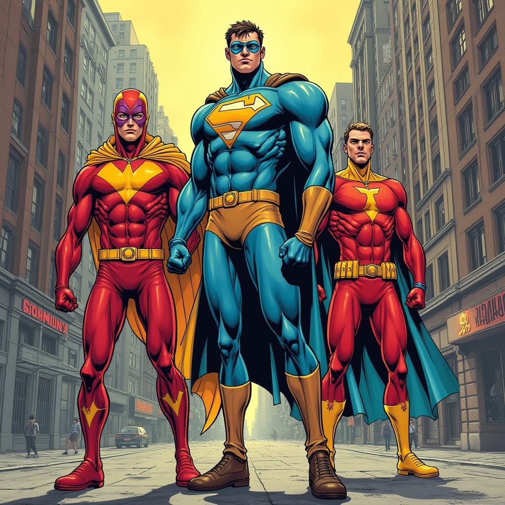 Dynamic Superheroes in Stylized Cityscape Art