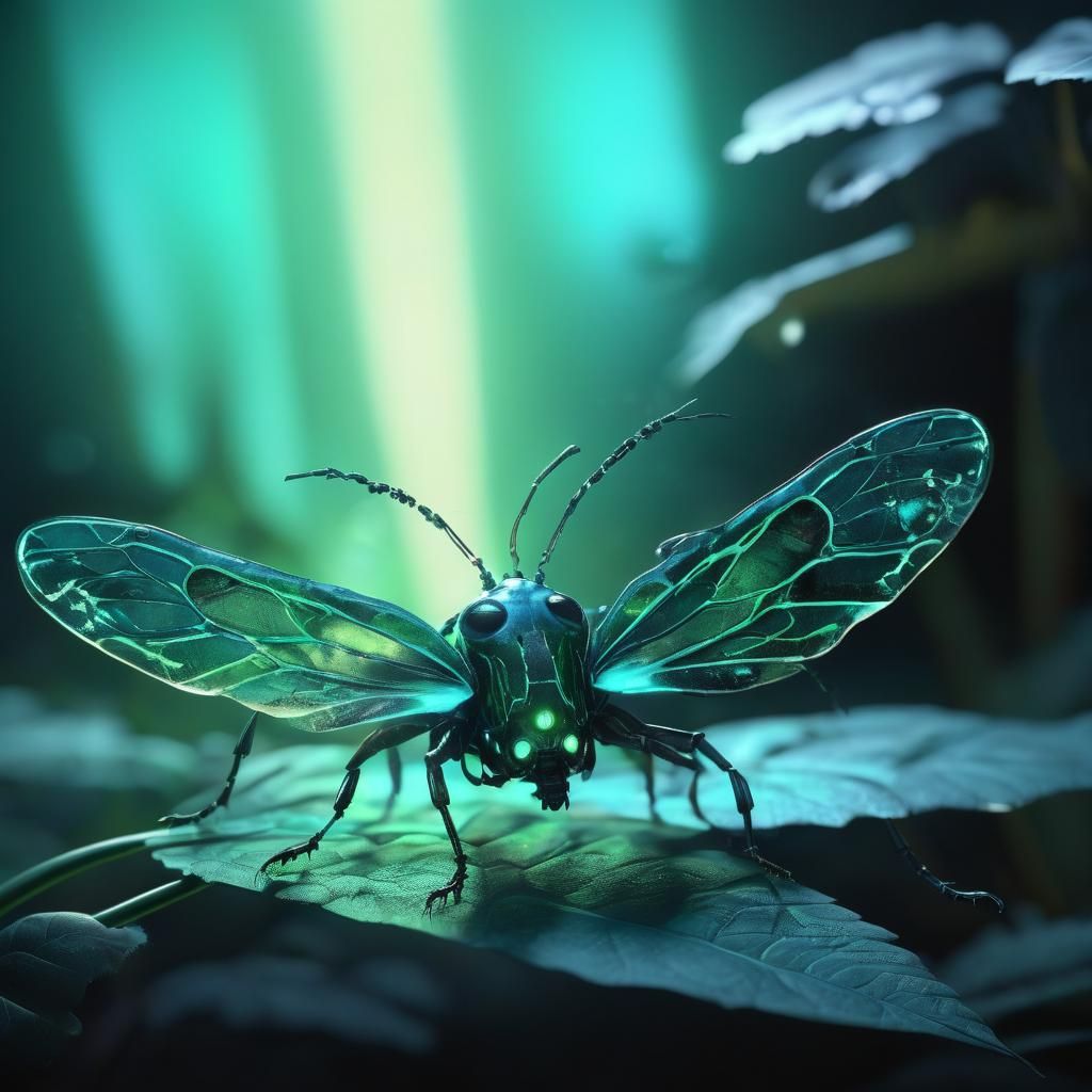 Bioluminescent Insect Crawling on Leaf: Hyperrealistic Conce...