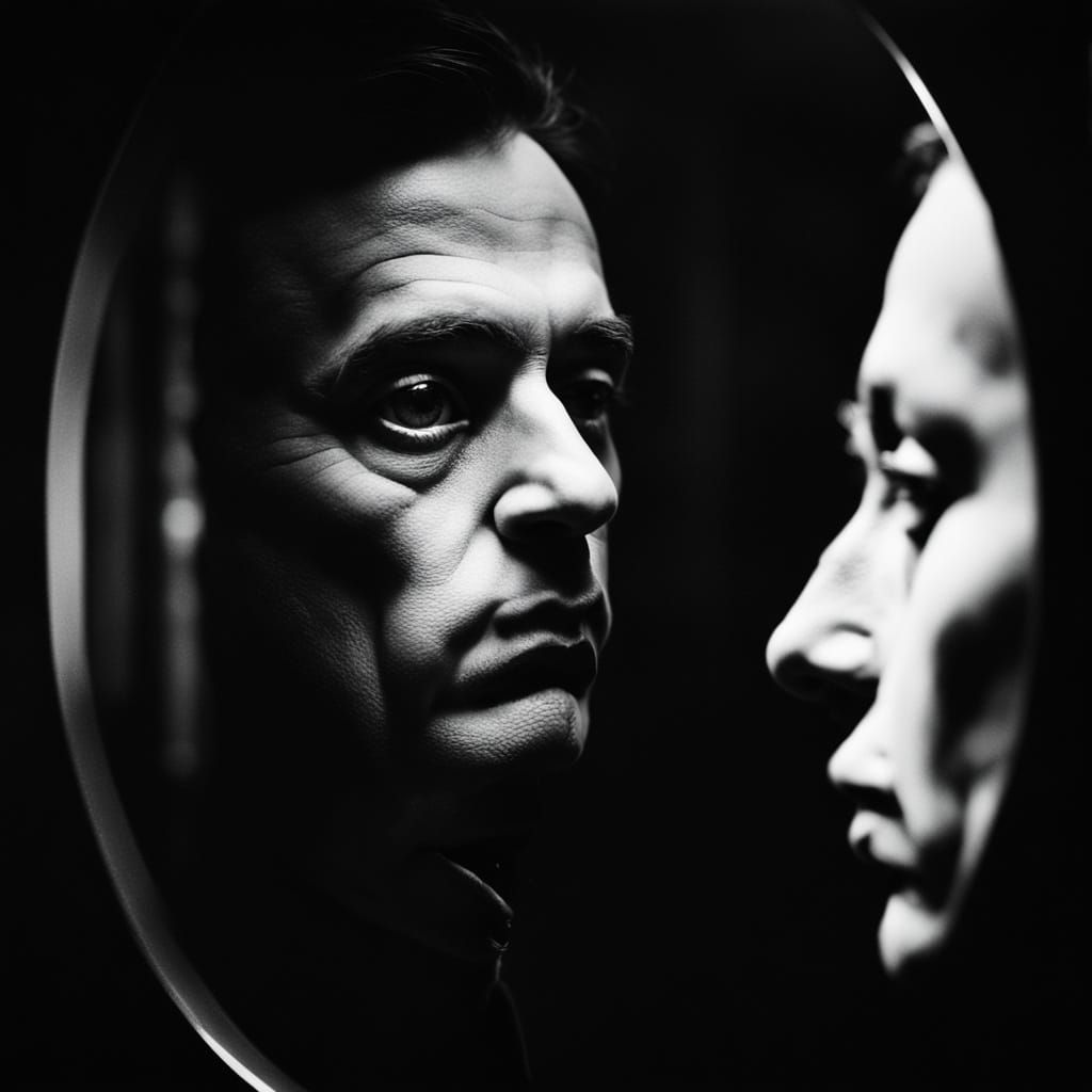 Distorted Profile in Fun House Mirror, Black and White